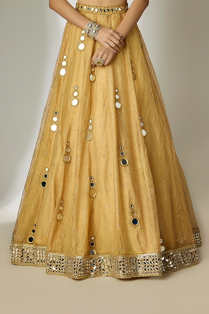 Gold Crushed Silk Tissue Hand Embroidered Wedding Lehenga Set by Essay by Sumedha Agrawal at Pernia's Pop Up Shop