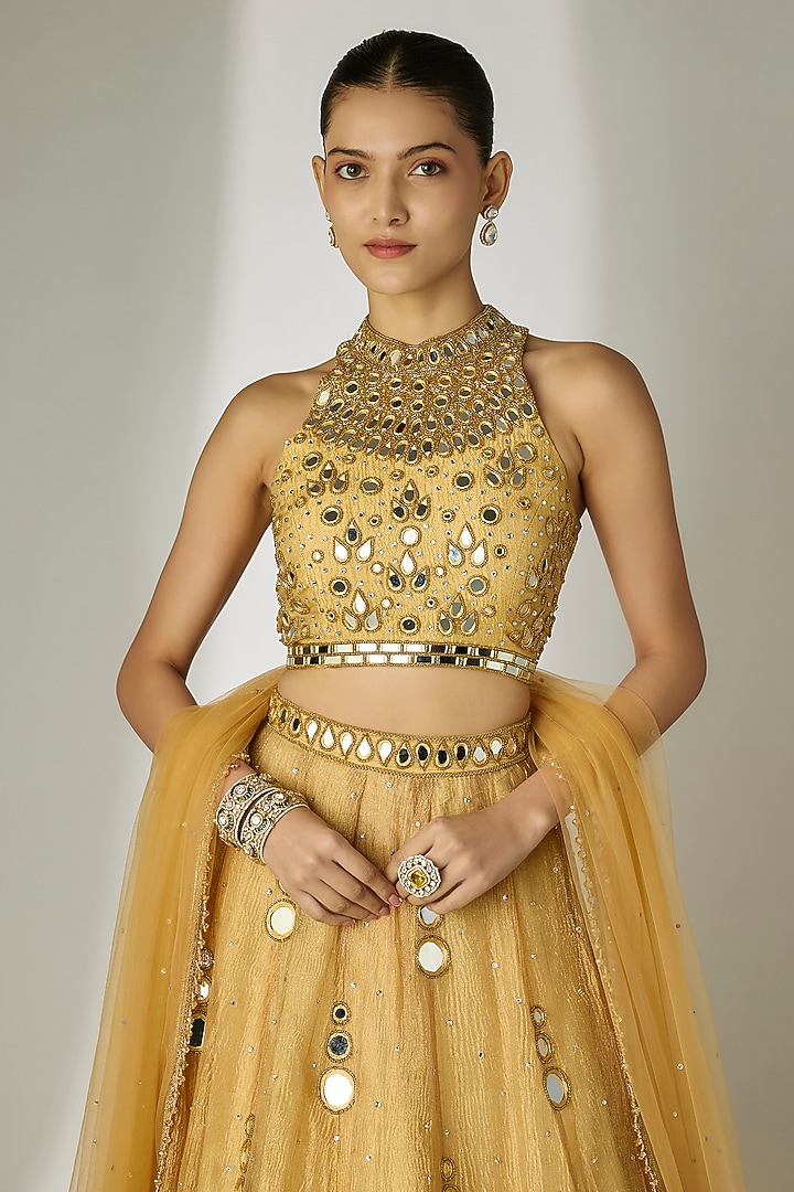 Gold Crushed Silk Tissue Hand Embroidered Wedding Lehenga Set by Essay by Sumedha Agrawal at Pernia's Pop Up Shop