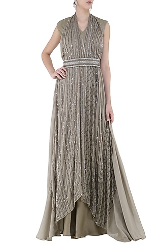 Sand Beige Kurta, Pants and Embroidered Cape Set by Esse