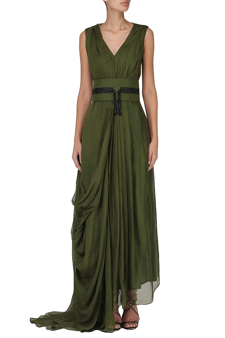 Deep green pre-stitched saree available only at Pernia's Pop Up Shop.