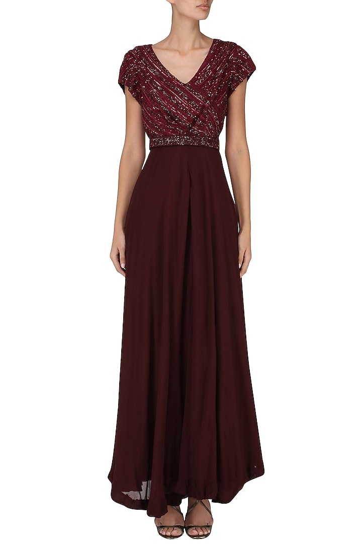 Deep marron embroidered anarkali gown available only at Pernia's Pop Up Shop.