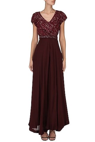 Deep Maroon Embroidered Anarkali Gown by Esse
