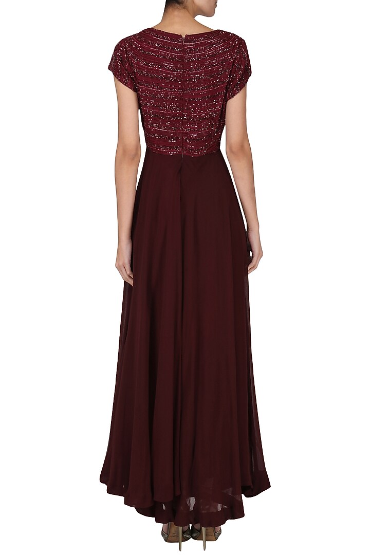Deep marron embroidered anarkali gown available only at Pernia's Pop Up Shop.