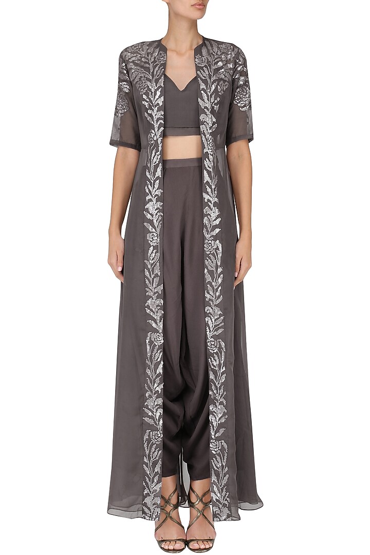 Lavender grey dhoti, croptop and jacket set available only at Pernia's Pop Up Shop.