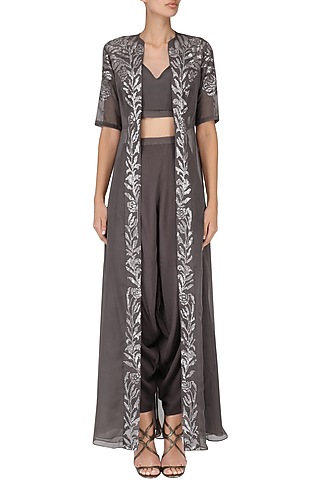 Lavender Grey Dhoti, Croptop and Jacket Set by Esse