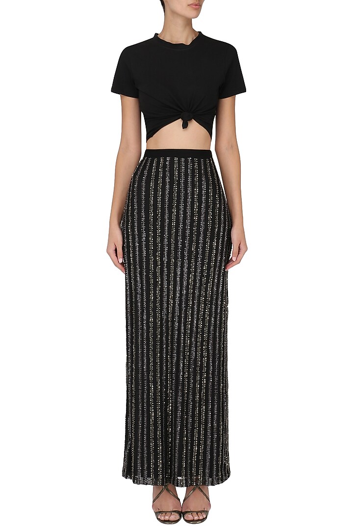 Black embroidered maxi skirt available only at Pernia's Pop Up Shop.