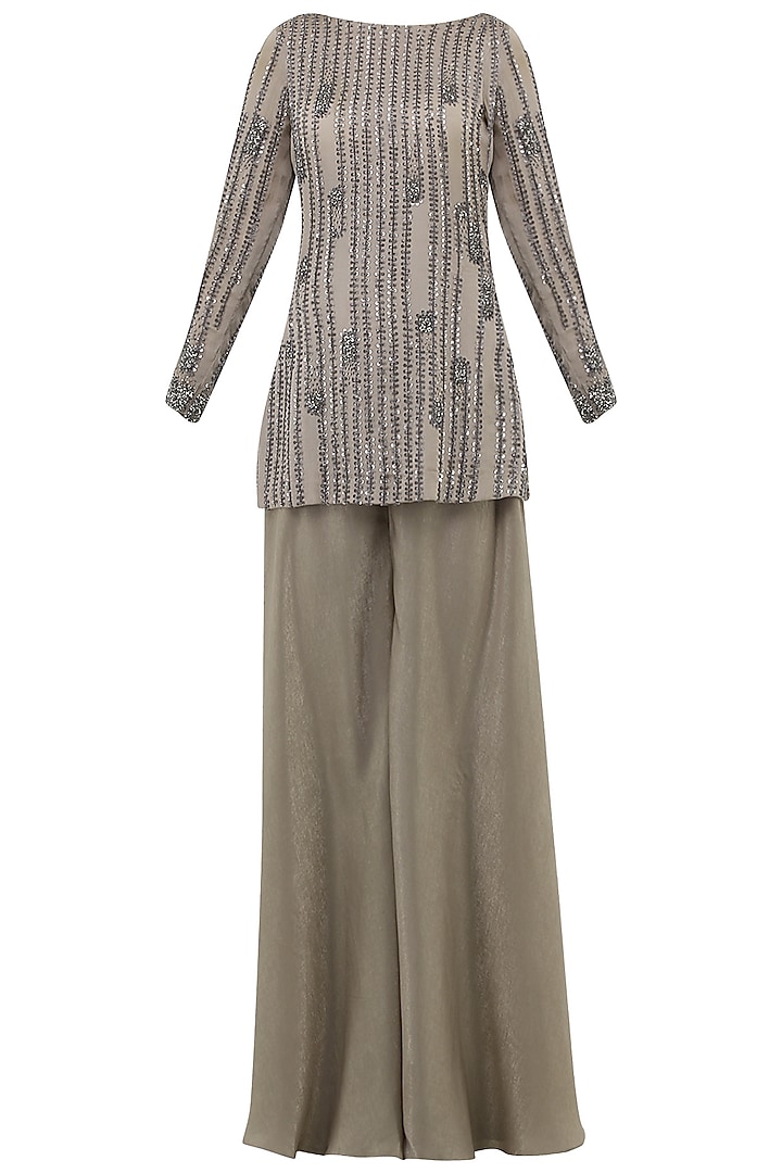 Sand grey embroidered kurta and sharara pants set available only at Pernia's Pop Up Shop.