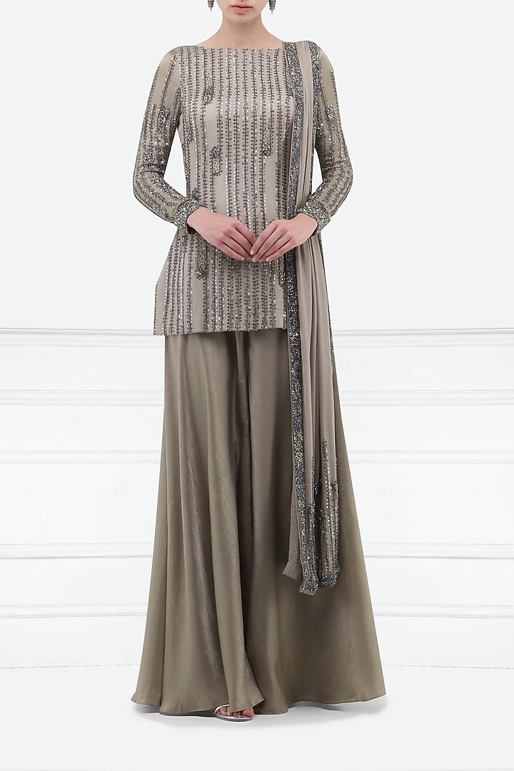 Sand grey embroidered kurta and sharara pants set available only at Pernia's Pop Up Shop.