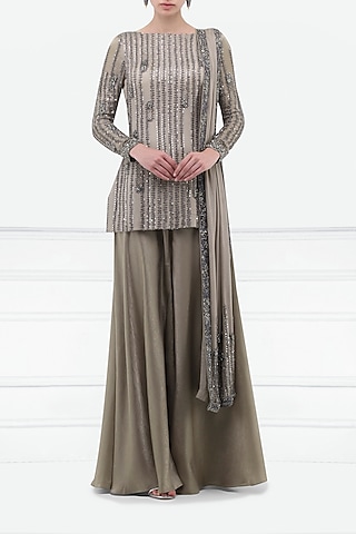 Sand Grey Embroidered Kurta and Sharara Pants Set by Esse