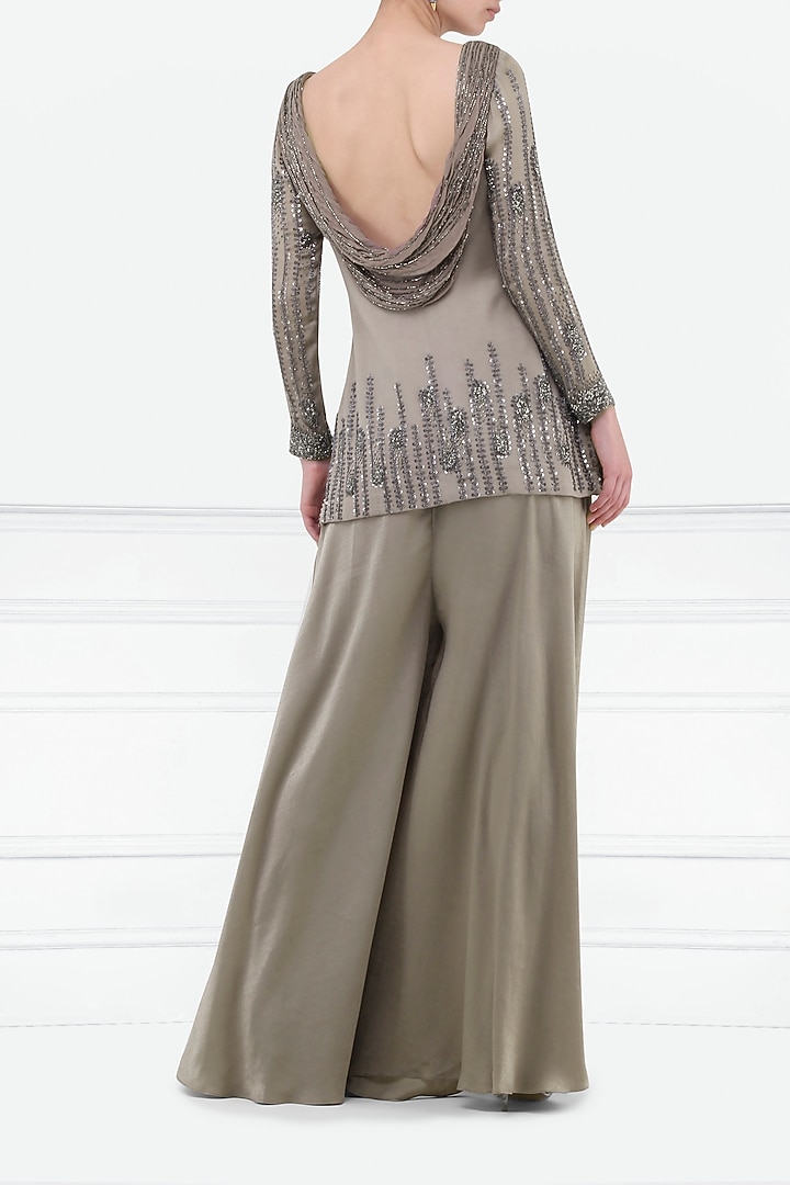 Sand grey embroidered kurta and sharara pants set available only at Pernia's Pop Up Shop.