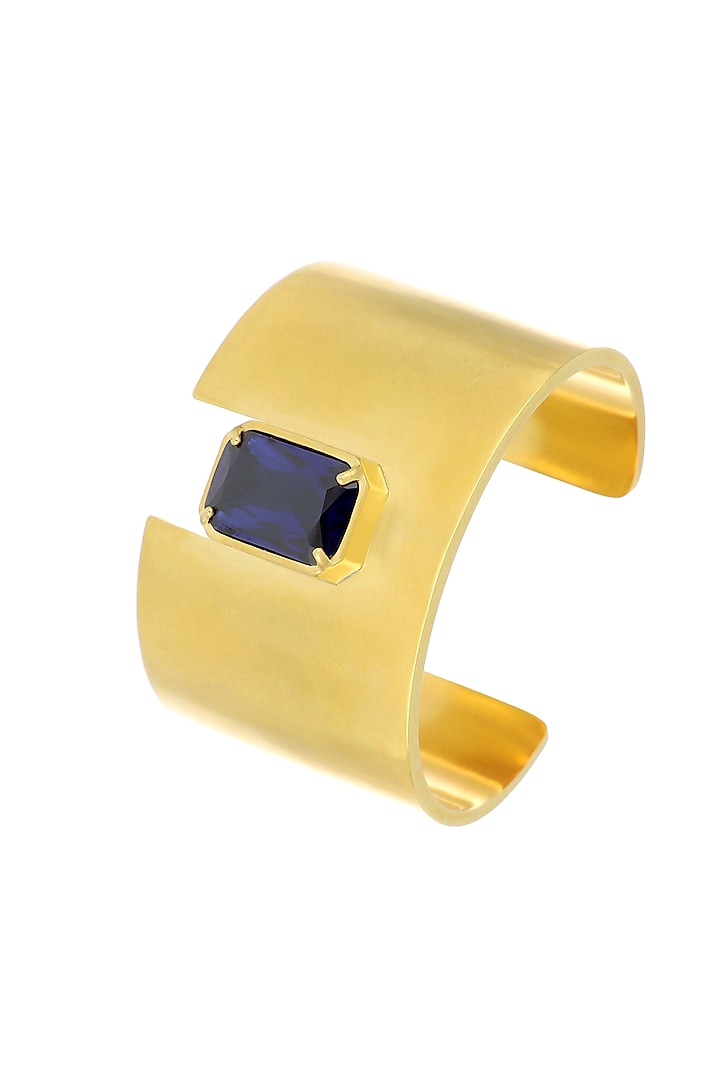 Matte Gold Plated Blue Swarovski Stone Cuff by ESS&NOI at Pernia's Pop Up Shop