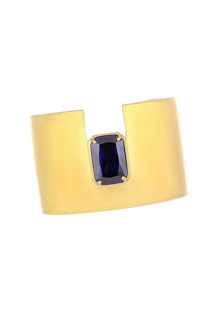 Matte Gold Plated Blue Swarovski Stone Cuff by ESS&NOI at Pernia's Pop Up Shop