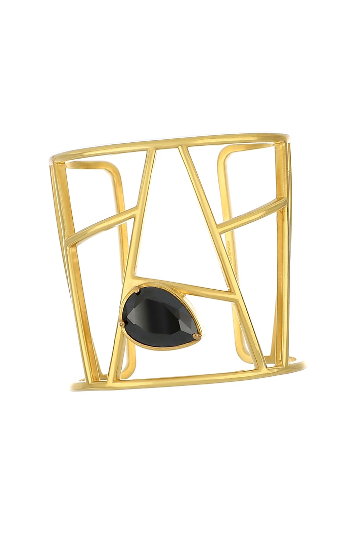 Matte Gold Plated Jet Black Swarovski Stone Cuff by ESS&NOI at Pernia's Pop Up Shop