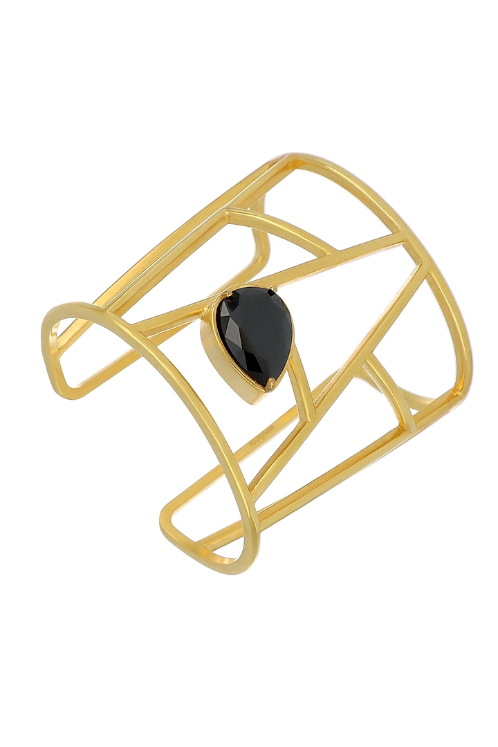 Matte Gold Plated Jet Black Swarovski Stone Cuff by ESS&NOI at Pernia's Pop Up Shop