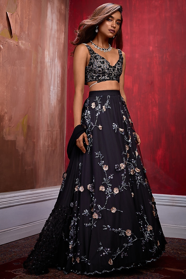 Black Sequins Embroidered Bridal Lehenga Set by Esha Sethi Thirani at Pernia's Pop Up Shop