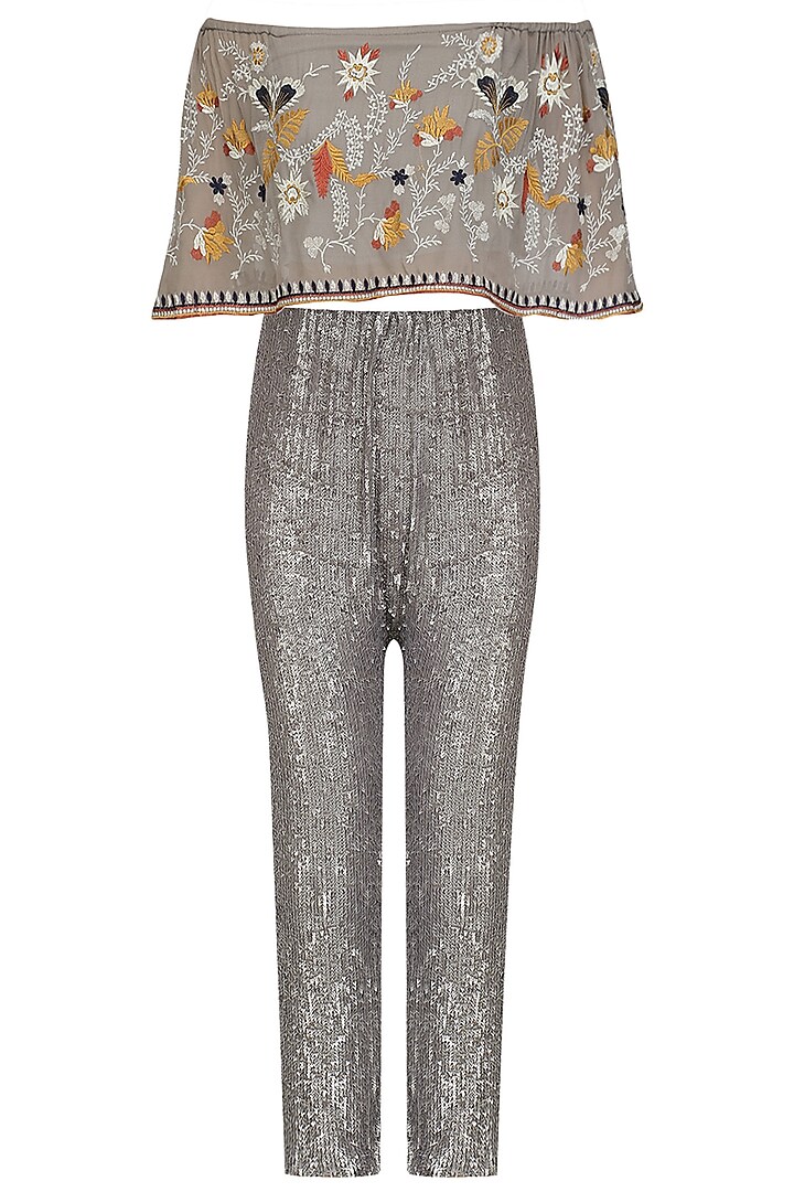 Grey Sequins Pants and Floral Embroidered Off Shoulder Top Set by Esha Sethi Thirani