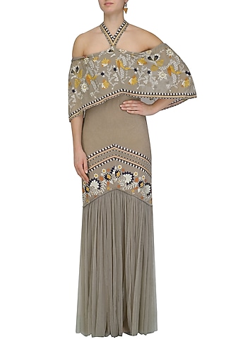 Grey Floral Work Off Shoulder Bardot Dress by Esha Sethi Thirani