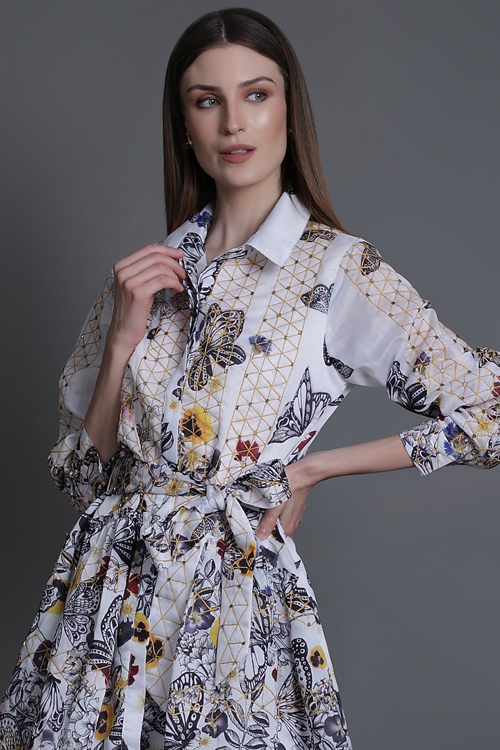 White Printed Shirt Vacation Dress by Estera at Pernia's Pop Up Shop