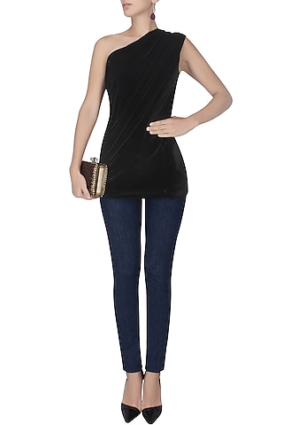 Black One Shoulder Drape Top by Esse Vie