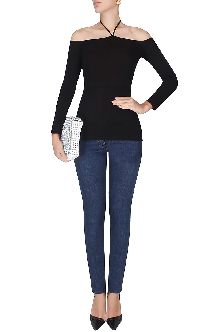 Black cold shoulder halter neck top available only at Pernia's Pop Up Shop.