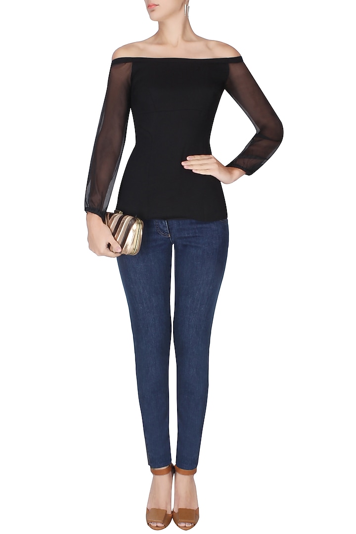 Black balloon sleeves off shoulder top available only at Pernia's Pop Up Shop.