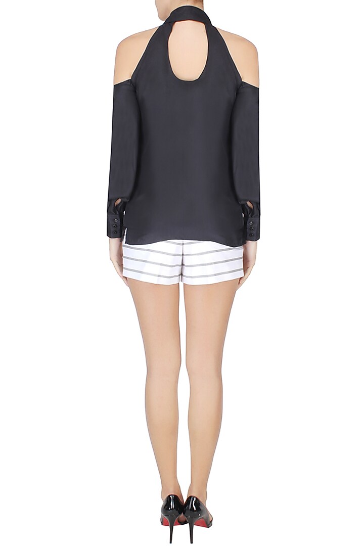 Black cold shoulder tie up top with silk tassels available only at Pernia's Pop Up Shop.