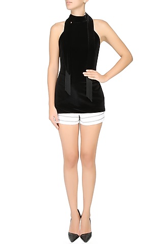 Black High Neck Tie Up Top With Silk Tassels by Esse Vie