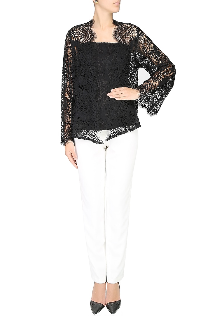 Black lace front open kimono cardigan available only at Pernia's Pop Up Shop.