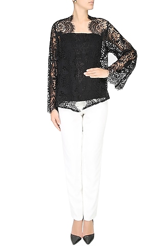 Black Lace Front Open Kimono Cardigan by Esse Vie