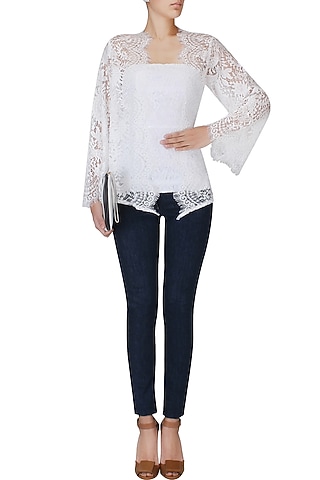 White Lace Front Open Kimono Cardigan by Esse Vie