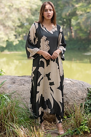 Black Viscose & Modal Digital Printed Kurta Set by ETAR