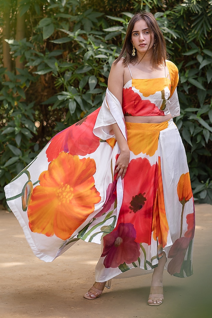 Ivory Viscose & Modal Floral Digital Printed Draped Skirt Set by ETAR