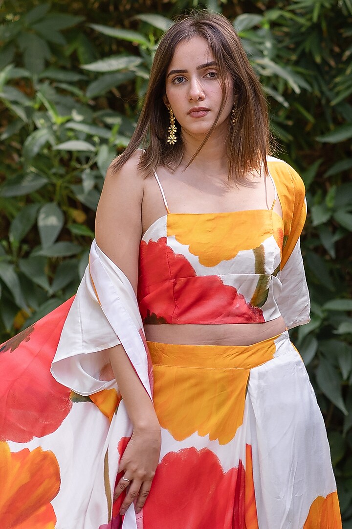 Ivory Viscose & Modal Floral Digital Printed Draped Skirt Set by ETAR at Pernia's Pop Up Shop