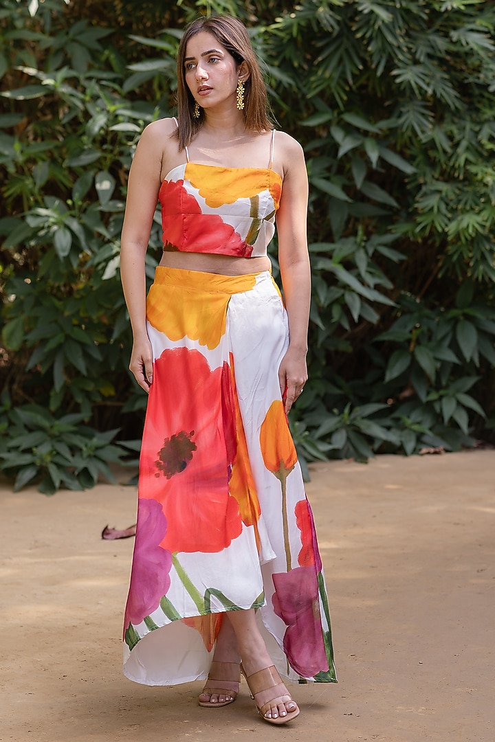 Ivory Viscose & Modal Floral Digital Printed Draped Skirt Set by ETAR at Pernia's Pop Up Shop