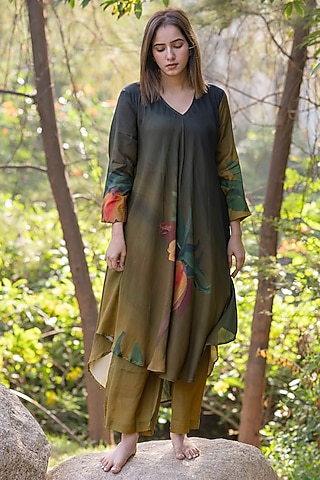 Black Viscose & Modal Digital Printed Kurta Set by ETAR