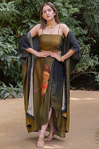 Black Viscose & Modal Floral Digital Printed Draped Skirt Set by ETAR
