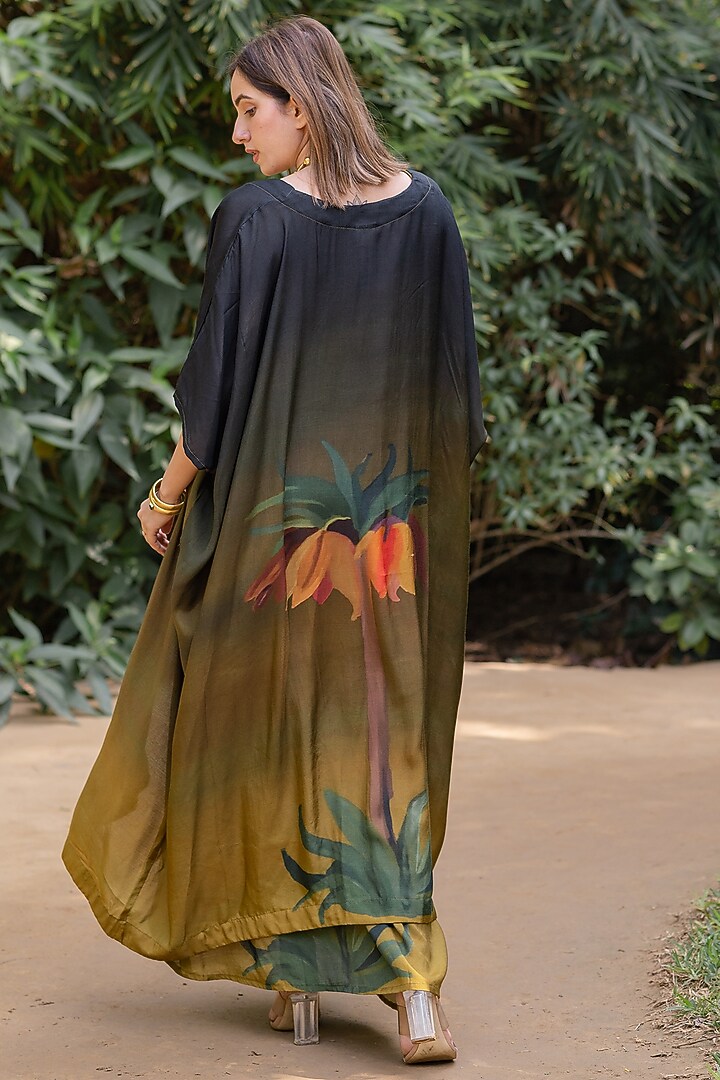 Black Viscose & Modal Floral Digital Printed Draped Skirt Set by ETAR at Pernia's Pop Up Shop