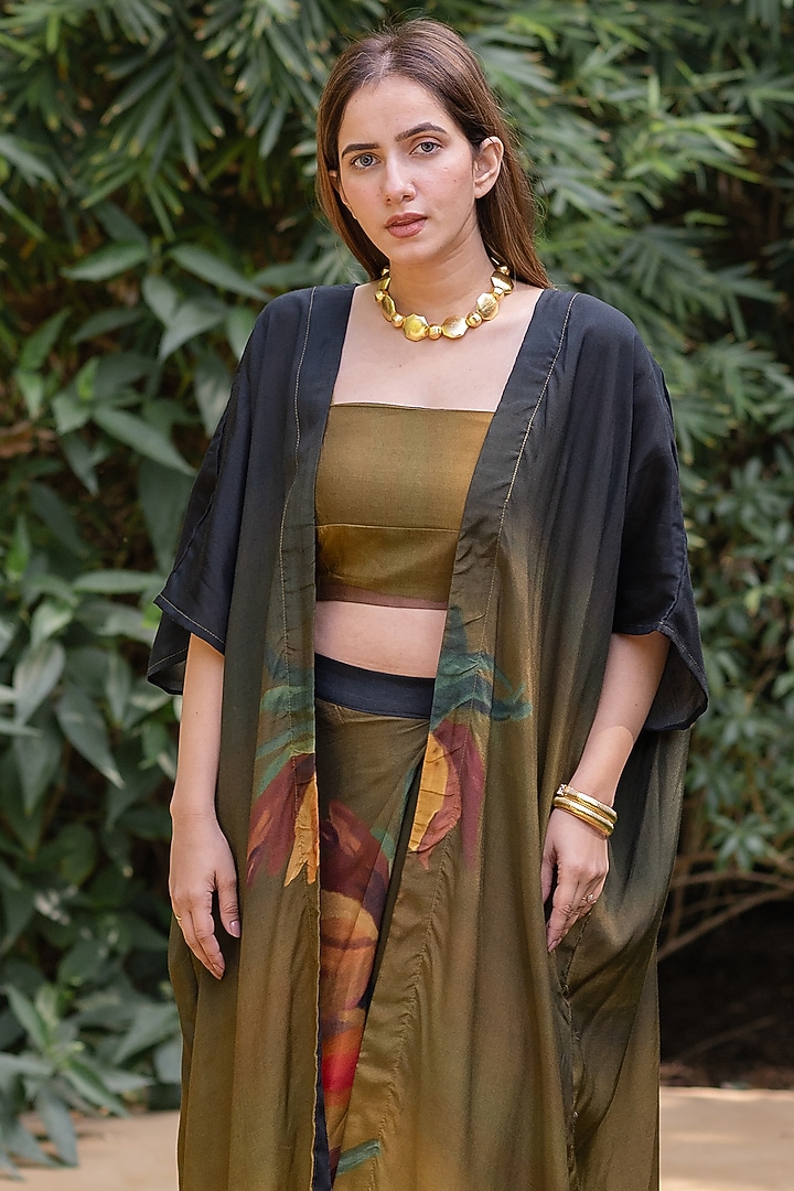 Black Viscose & Modal Floral Digital Printed Draped Skirt Set by ETAR at Pernia's Pop Up Shop