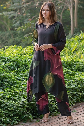 Black Viscose & Modal Digital Printed Kurta Set by ETAR