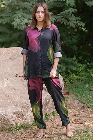 Black Viscose & Modal Digital Printed Co-Ord Set by ETAR