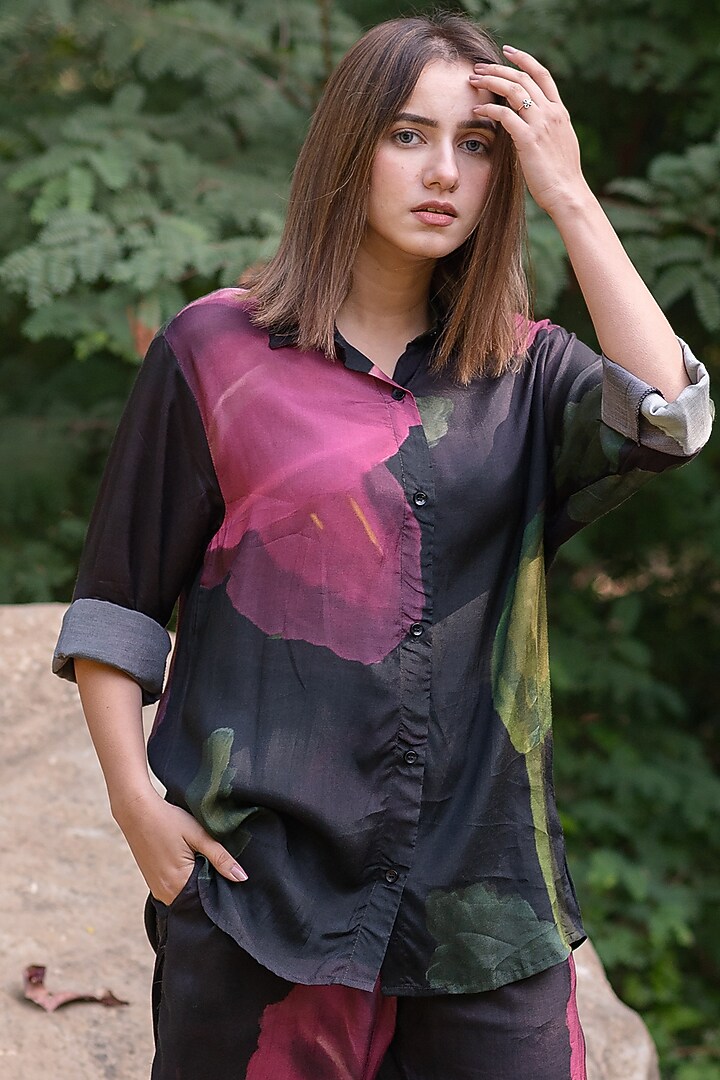 Black Viscose & Modal Digital Printed Co-Ord Set by ETAR at Pernia's Pop Up Shop