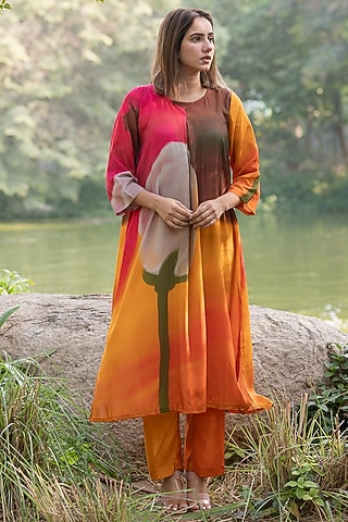 Orange Viscose & Modal Digital Printed Kurta Set by ETAR