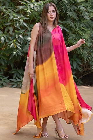 Orange Viscose & Modal Digital Printed Maxi Dress by ETAR