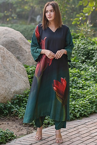 Black Viscose & Modal Digital Printed Kurta Set by ETAR