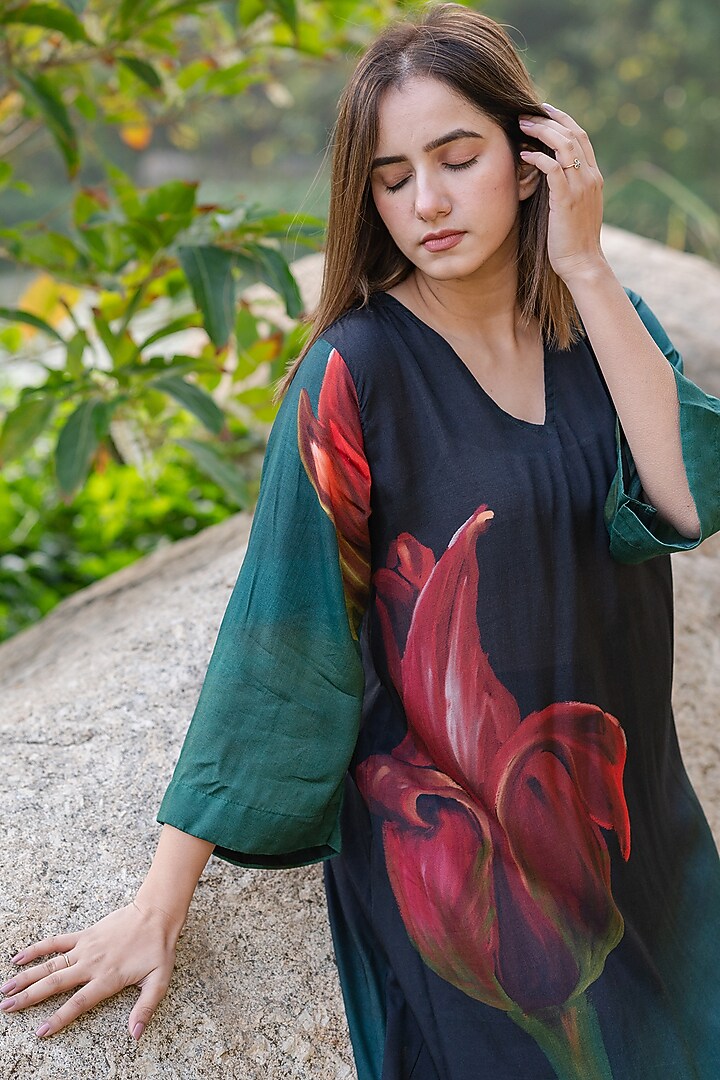 Black Viscose & Modal Digital Printed Kurta Set by ETAR at Pernia's Pop Up Shop