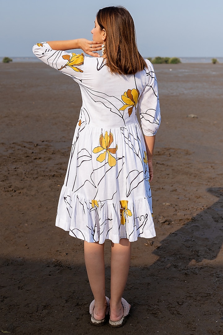 White Handwoven Cotton Digital Printed Summer Dress by ETAR at Pernia's Pop Up Shop