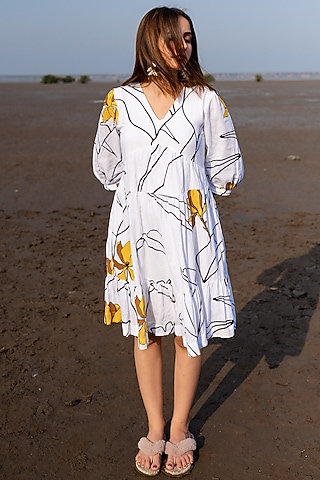 White Handwoven Cotton Digital Printed Dress by ETAR