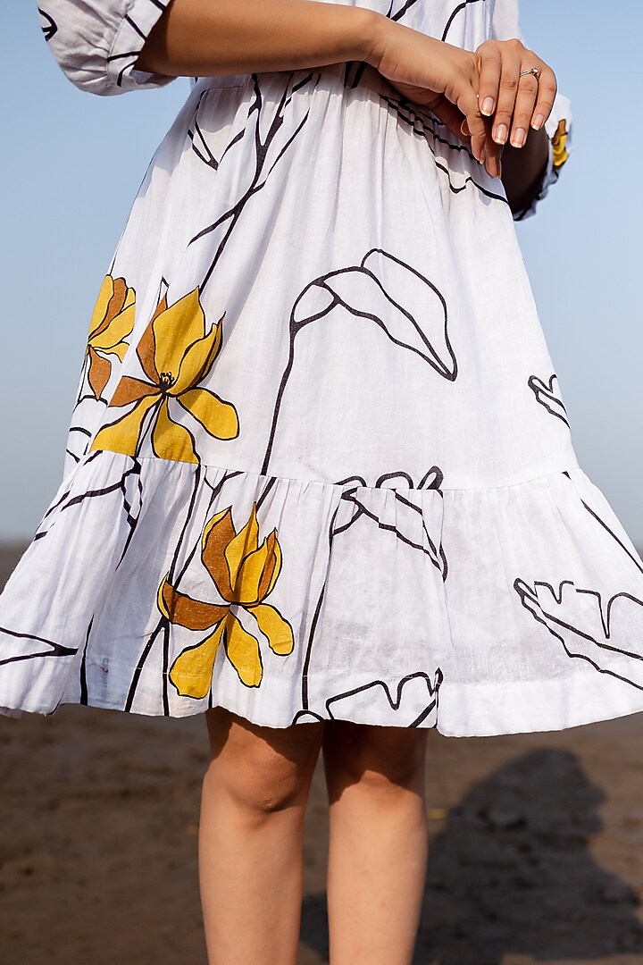 White Handwoven Cotton Digital Printed Summer Dress by ETAR at Pernia's Pop Up Shop