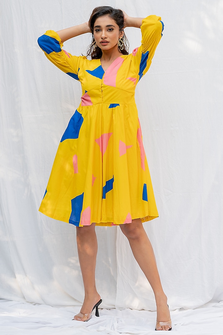 Yellow Cotton Digital Printed Dress by ETAR