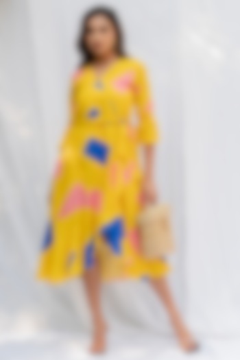 Yellow Cotton Digital Printed Dress With Belt by ETAR